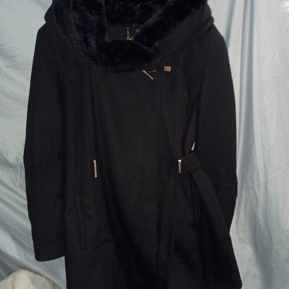 Calvin Klein Black Trench Coat with Fur Collar